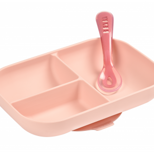 Tanier silikónový delený s prísavkou + lyžička Pink