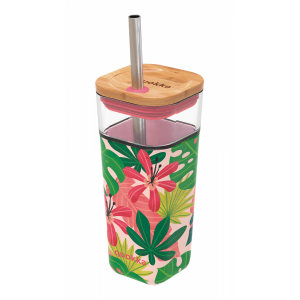Sklenený cestovný hrnček so slamkou Liquid Cube Pink Jungle Flora 540 ml