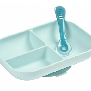 Tanier silikónový delený s prísavkou + lyžička Blue