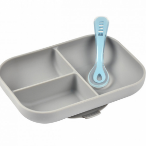 Tanier silikónový delený s prísavkou + lyžička Grey