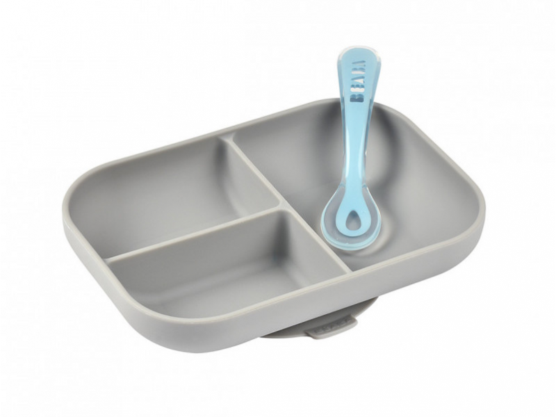 Tanier silikónový delený s prísavkou + lyžička Grey