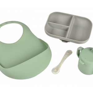 Jedálenská sada silikónová 4-dielna s podbradníkom Grey / Sage Green