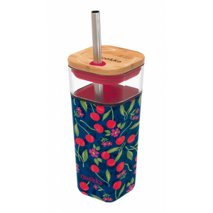 Sklenený cestovný hrnček so slamkou Liquid Cube Cherries 540 ml