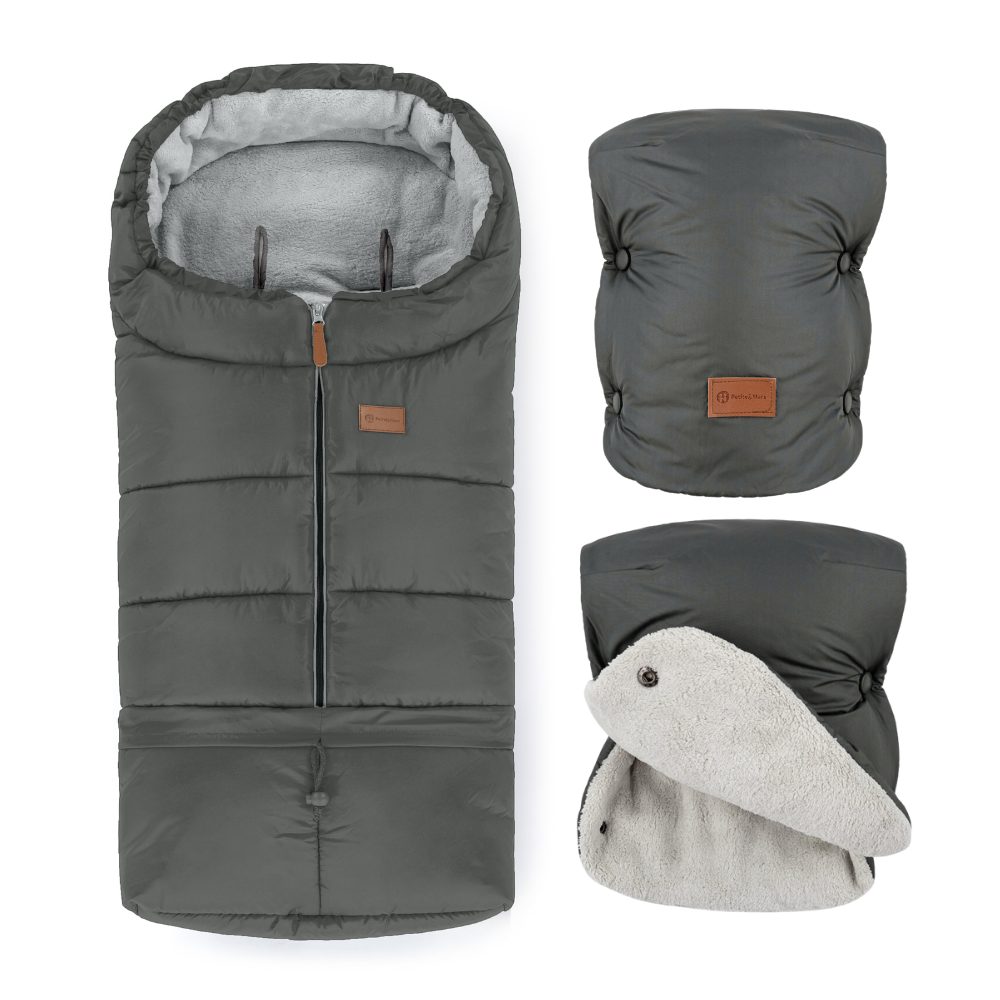 PETITE&MARS Set zimný fusak Jibot 3v1 + rukavice na kočík Jasie Charcoal Grey