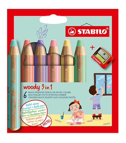 Pastelky Woody pastelové a strúhadlo 3in1 6ks