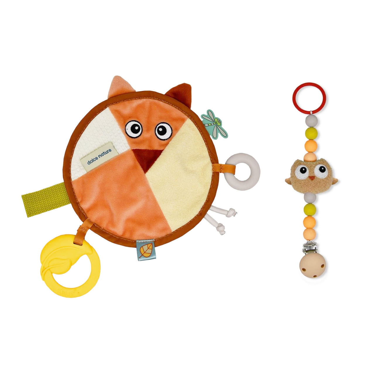 Senzorická hračka Líška a prívesok na cumlík s hryzátkom