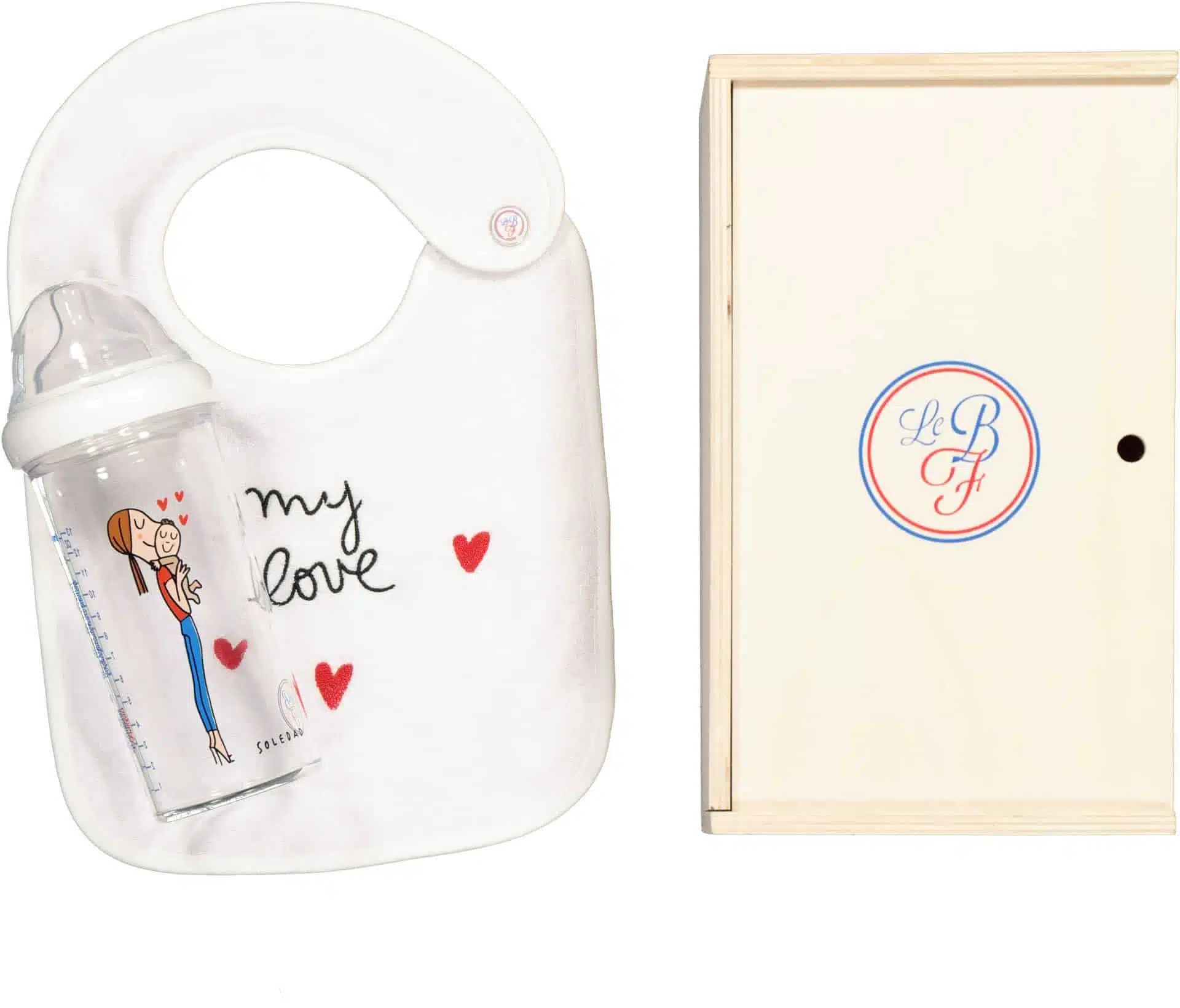 DARČEKOVÝ DREVENÝ BOX LE BIBERON FRANCAIS S PODBRADNÍKOM MY LOVE A DOJČENSKOU FĽAŠOU MOTHER BABY, 360ML, 6+M – Obrázok 4
