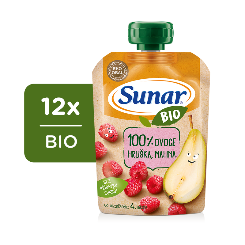 12x SUNAR BIO ovocná kapsička hruška, malina 4m+, 100 g – Obrázok 2