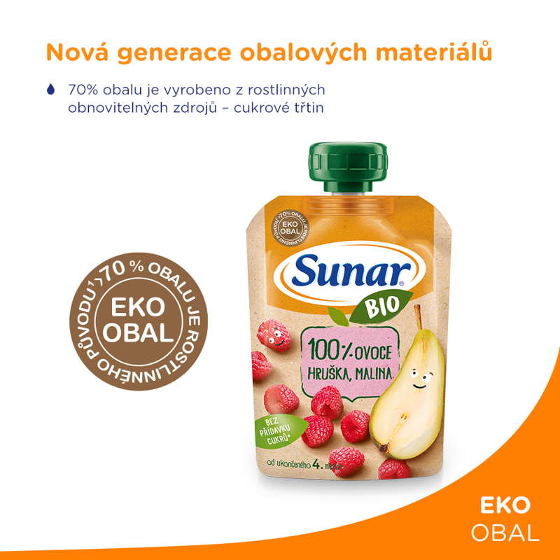 12x SUNAR BIO ovocná kapsička hruška, malina 4m+, 100 g – Obrázok 3