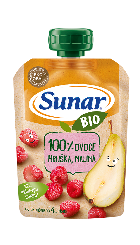 12x SUNAR BIO ovocná kapsička hruška, malina 4m+, 100 g – Obrázok 4