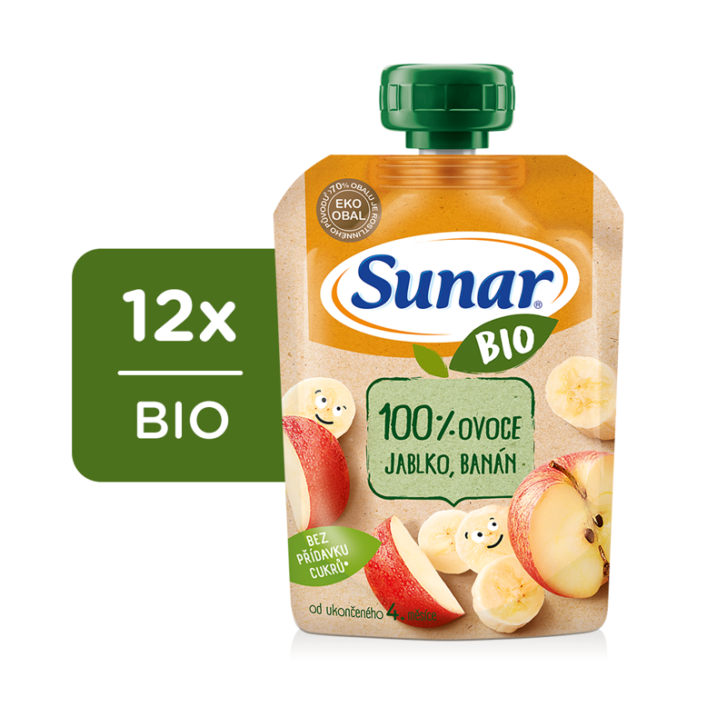 12x SUNAR BIO ovocná kapsička jablko, banán 4m+, 100 g – Obrázok 2