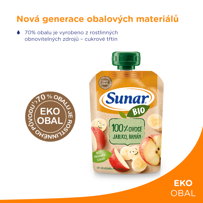 12x SUNAR BIO ovocná kapsička jablko, banán 4m+, 100 g – Obrázok 3