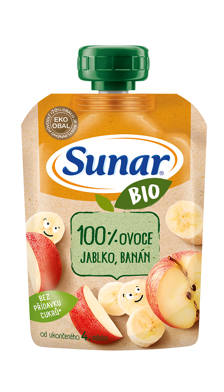12x SUNAR BIO ovocná kapsička jablko, banán 4m+, 100 g – Obrázok 4