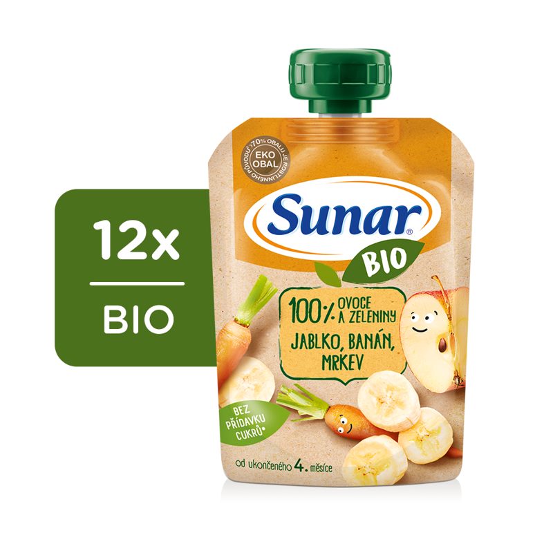 12x SUNAR BIO ovocná kapsička jablko, banán, mrkva 4m+, 100 g