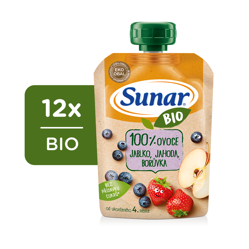 12x SUNAR BIO ovocná kapsička jablko, jahoda, čučoriedka 4m+, 100 g – Obrázok 2