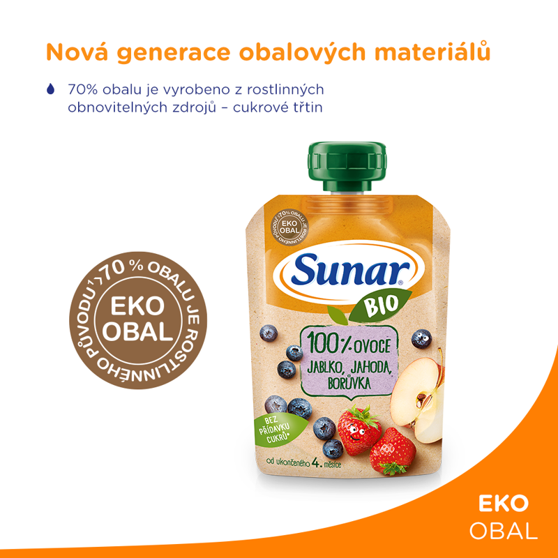 12x SUNAR BIO ovocná kapsička jablko, jahoda, čučoriedka 4m+, 100 g – Obrázok 3
