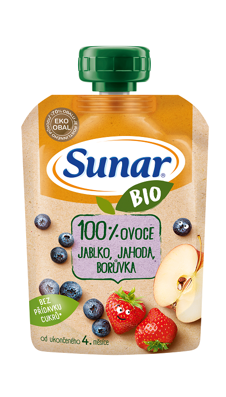 12x SUNAR BIO ovocná kapsička jablko, jahoda, čučoriedka 4m+, 100 g – Obrázok 4
