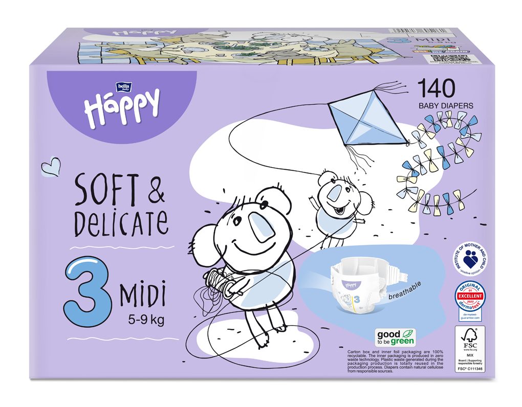 2x BELLA HAPPY Baby Plienky jednorazové Midi Box 5-9 kg 70 ks – Obrázok 2