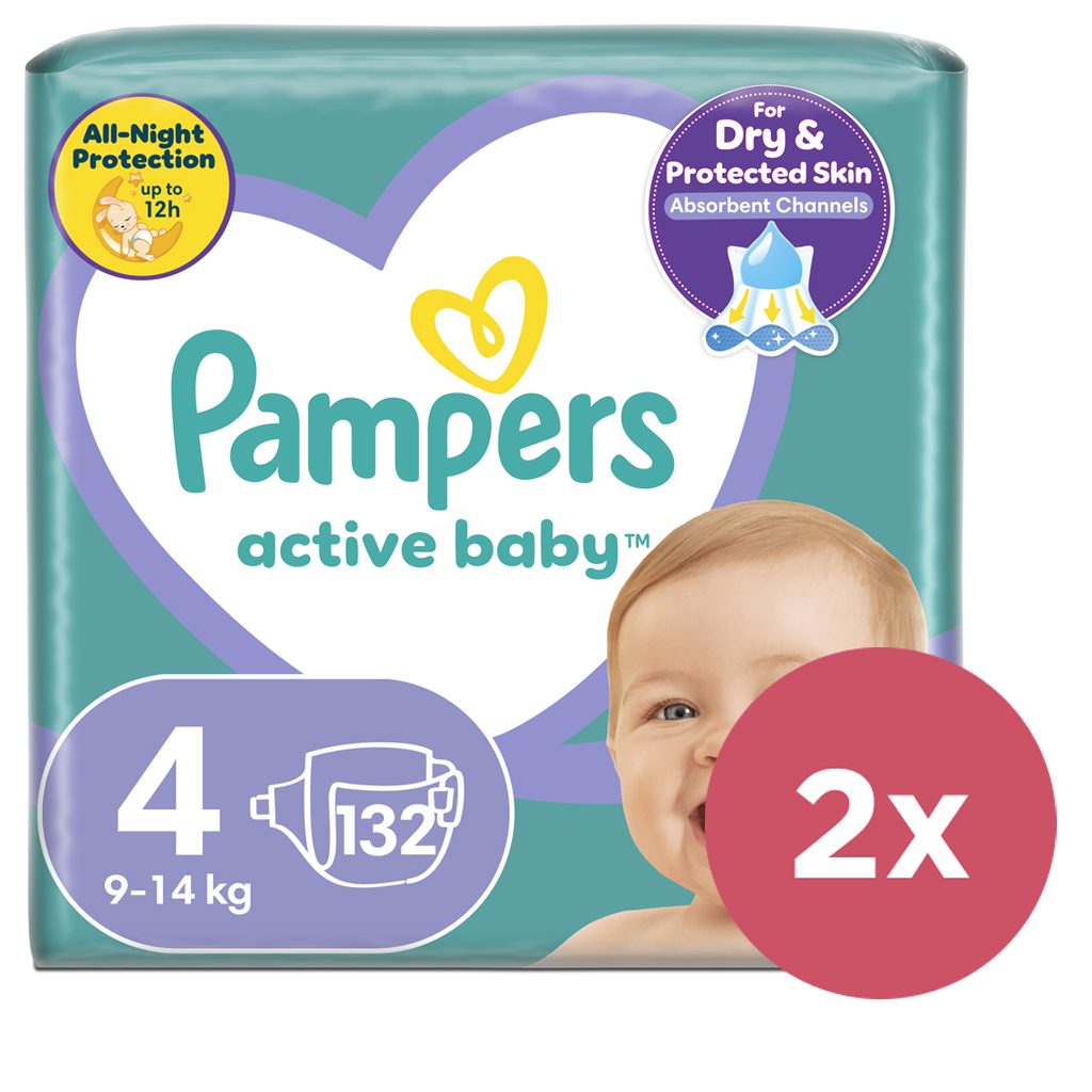 2x PAMPERS Active Baby 4 (9-14 kg) 132 ks MEGA PACK - jednorázové pleny