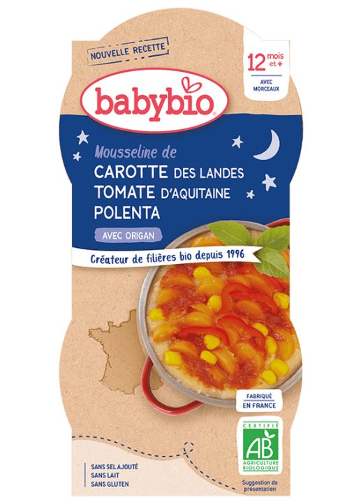2xBABYBIO Good Night mrkva s paradajkovým pyré, sladkú kukuricou a polentou 200 g – Obrázok 2