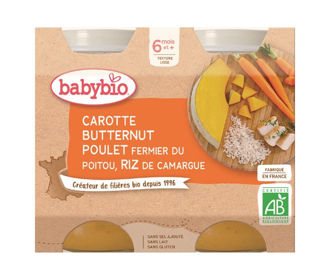 2xBABYBIO Mrkva s maslovou tekvicou, kuraťom a ryžou 200 g – Obrázok 2
