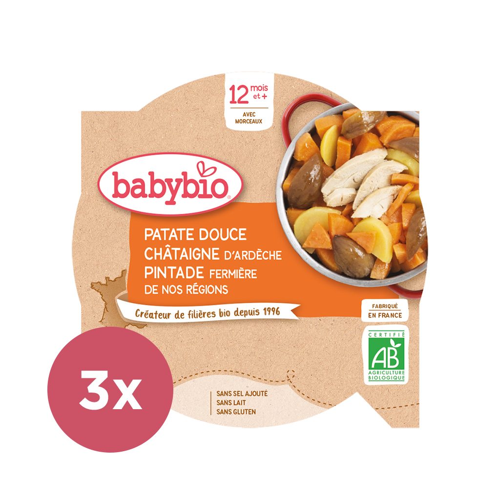 3x BABYBIO Sladké zemiaky s gaštanovým pyré a farmárskou perličkou 230 g – Obrázok 2