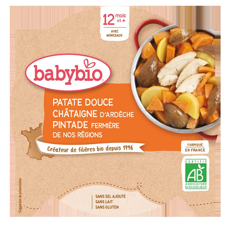 3x BABYBIO Sladké zemiaky s gaštanovým pyré a farmárskou perličkou 230 g – Obrázok 3