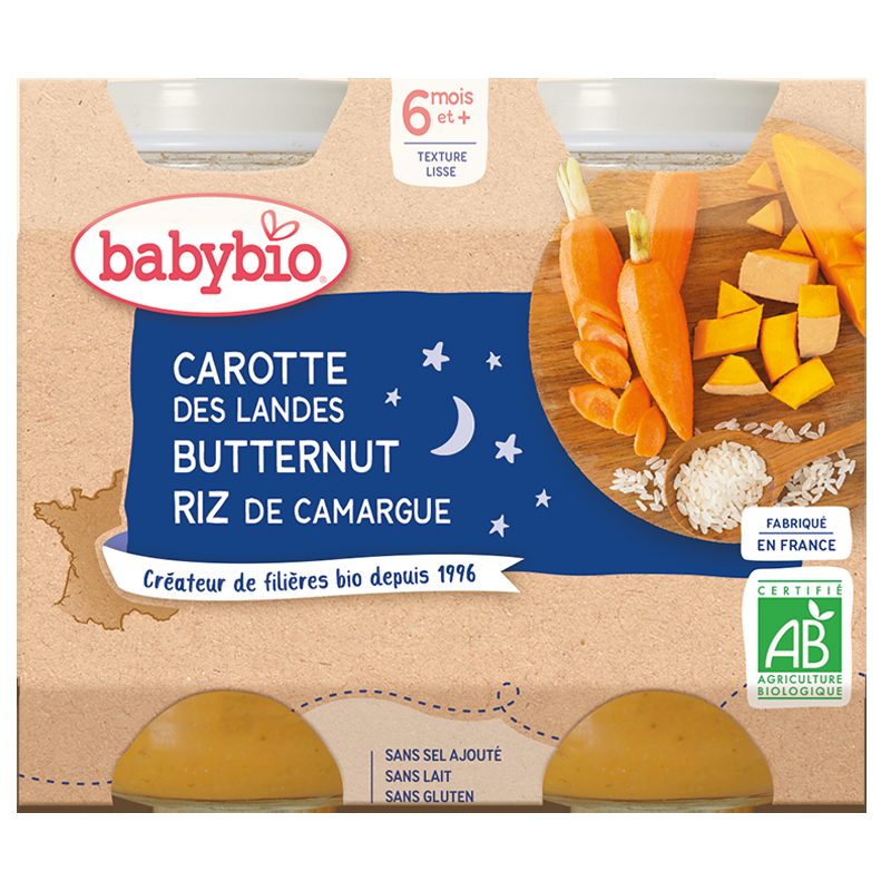 3x BABYBIO Večerné menu mrkva, tekvica, ryža 2x 200 g – Obrázok 3