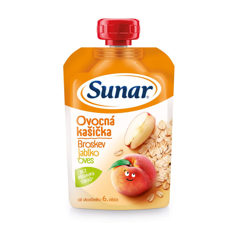 3x SUNAR Kapsička Ovocná kašička broskyňa, jablko, ovsené vločky 120 g – Obrázok 3