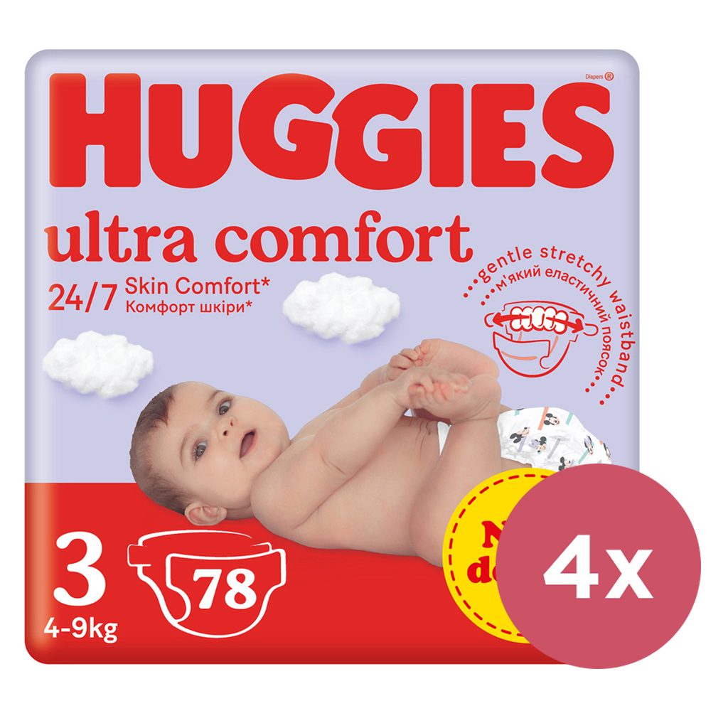 4x HUGGIES® Plienky jednorázové Ultra Comfort Mega 3 (4-9 kg) 78 ks – Obrázok 2