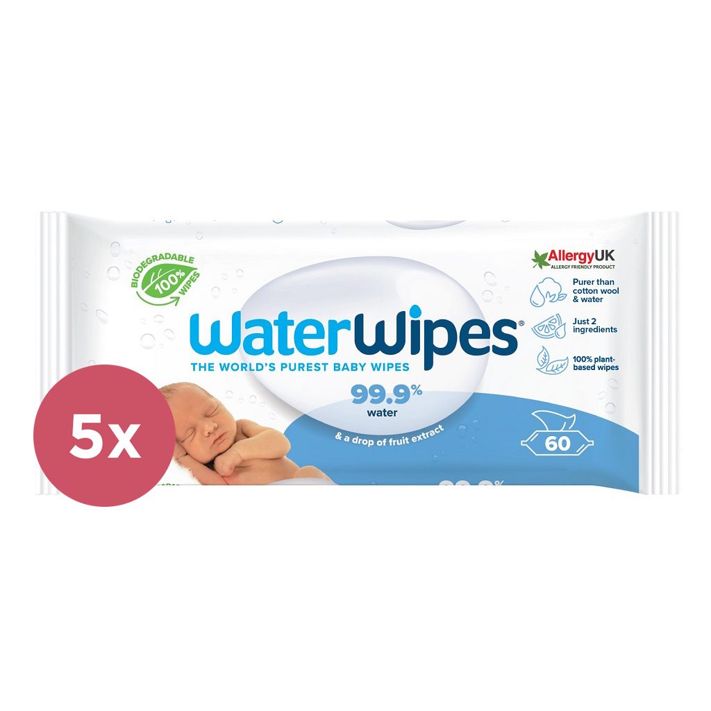 5x WATERWIPES Vlhčené obrúsky bez obsahu plastov 60 ks ( 300 ks ) – Obrázok 2