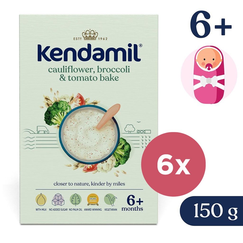 6x KENDAMIL Kaša mliečna s brokolicami, karfiolom a paradajkami (150 g), 6m+ – Obrázok 2