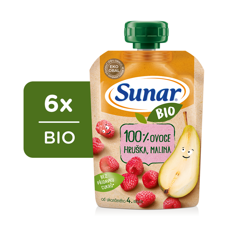 6x SUNAR BIO ovocná kapsička hruška, malina 4m+, 100 g – Obrázok 2