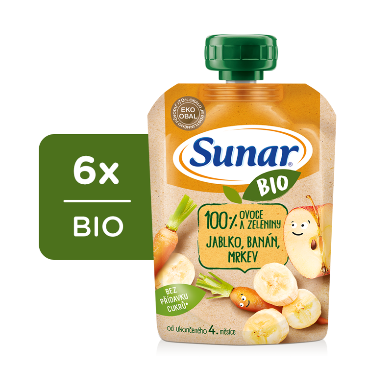 6x SUNAR BIO ovocná kapsička jablko, banán, mrkva 4m+, 100 g – Obrázok 2