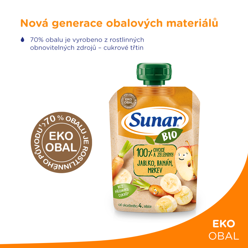 6x SUNAR BIO ovocná kapsička jablko, banán, mrkva 4m+, 100 g – Obrázok 3