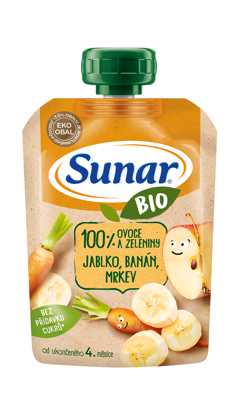 6x SUNAR BIO ovocná kapsička jablko, banán, mrkva 4m+, 100 g – Obrázok 4