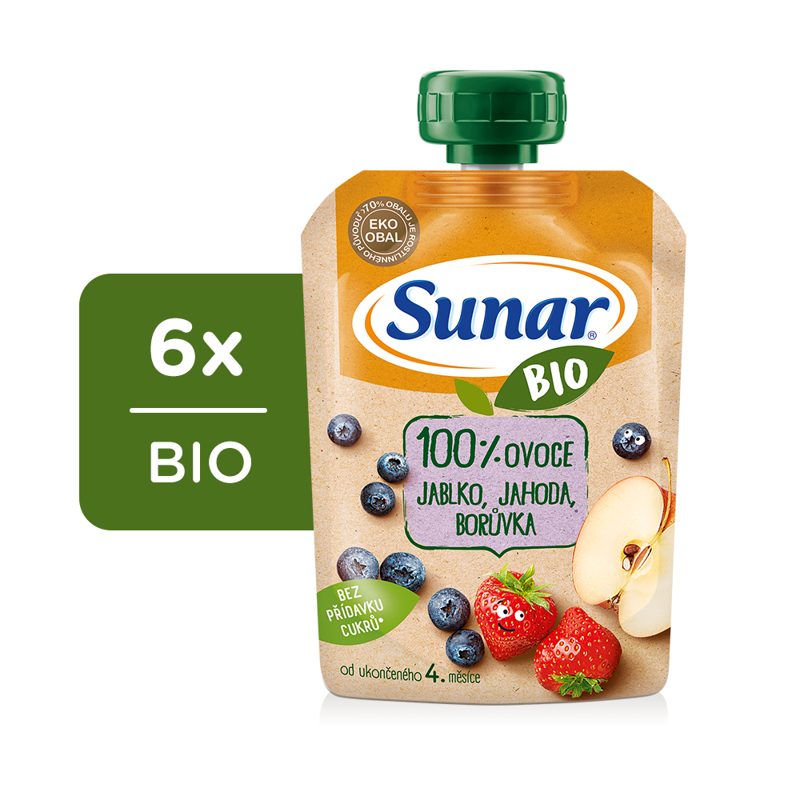 6x SUNAR BIO ovocná kapsička jablko, jahoda, čučoriedka 4m+, 100 g
