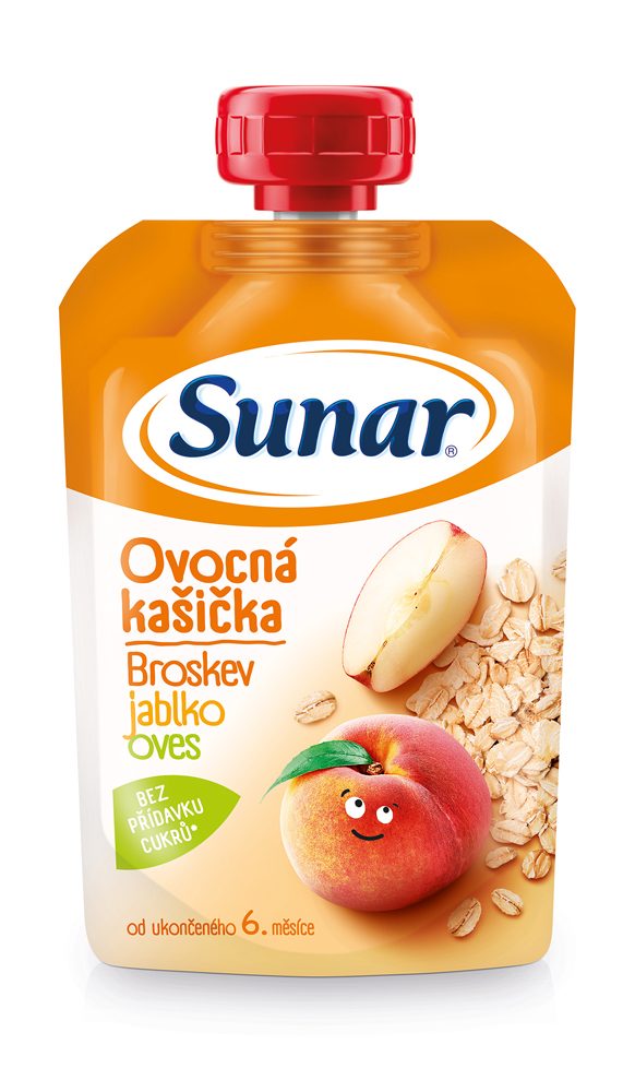6x SUNAR Kapsička Ovocná kašička broskyňa, jablko, ovsené vločky 120 g – Obrázok 3