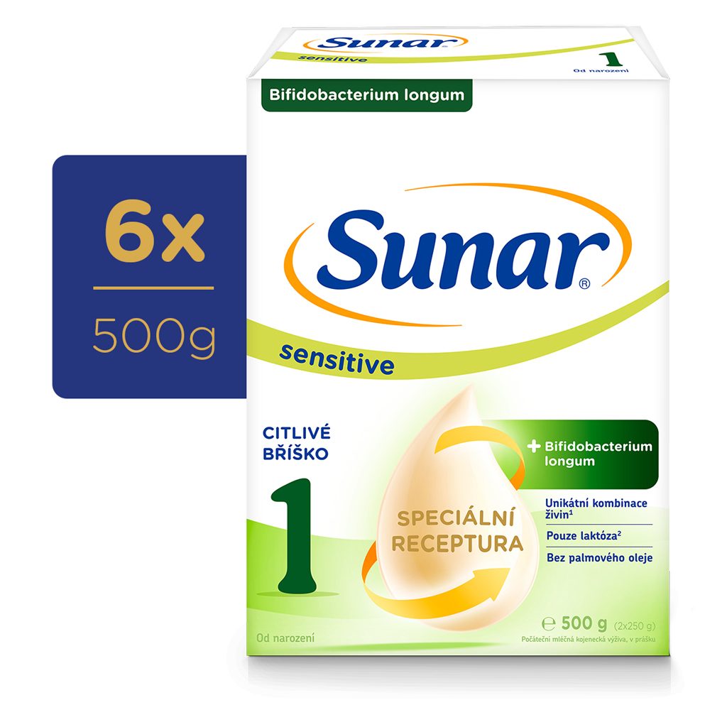 6x SUNAR Mlieko Sensitive 1, počiatočné dojčenské 500 g, 0m+