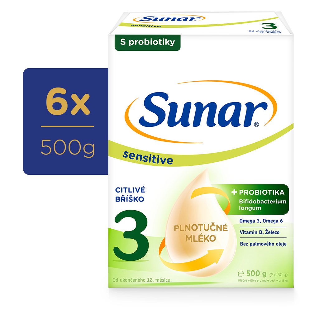 6x SUNAR Mlieko Sensitive 3, batoľacie 500 g, 12m+
