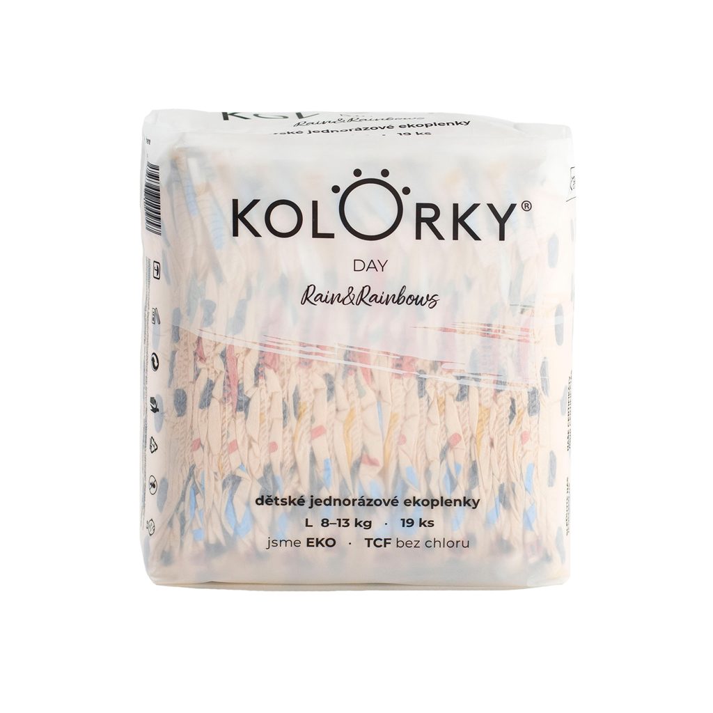 8x KOLORKY DAY Plienky jednorazové eko, dážď&dúhy L (8-13 kg) 19 ks – Obrázok 3