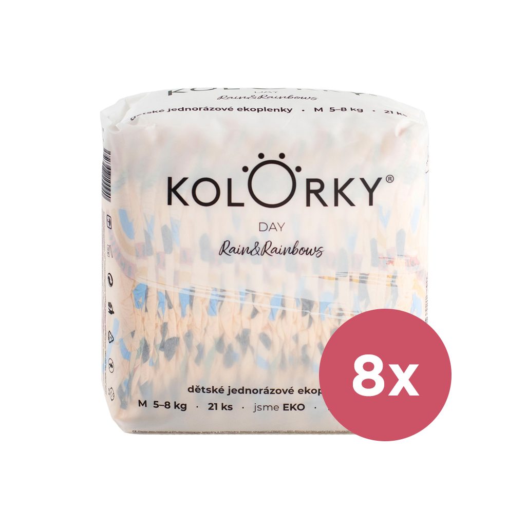 8x KOLORKY DAY Plienky jednorazové eko, dážď&dúhy M (5-8 kg) 21 ks – Obrázok 2