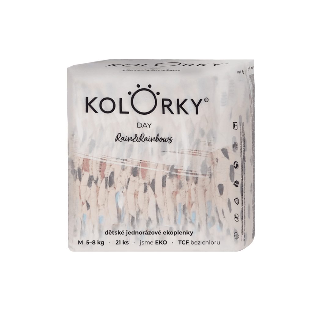 8x KOLORKY DAY Plienky jednorazové eko, dážď&dúhy M (5-8 kg) 21 ks – Obrázok 4