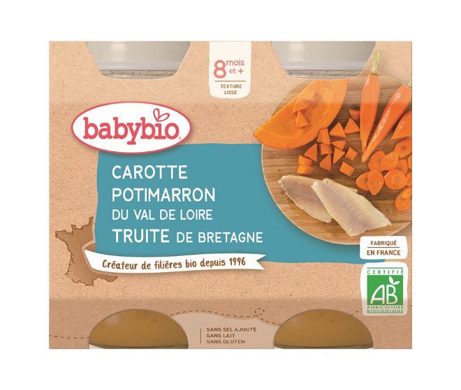 BABYBIO Mrkva a tekvica so pstruhom 2x 200 g – Obrázok 2