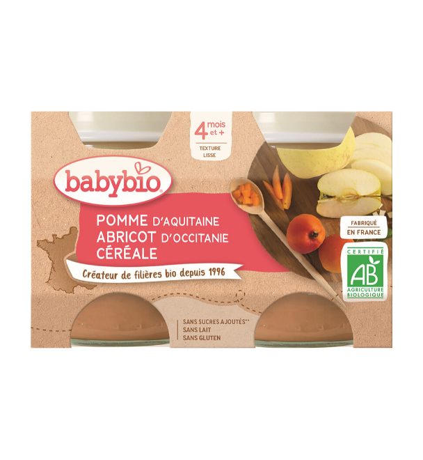 BABYBIO Príkrm jablko, marhuľa, cereálie 2x 130 g – Obrázok 2
