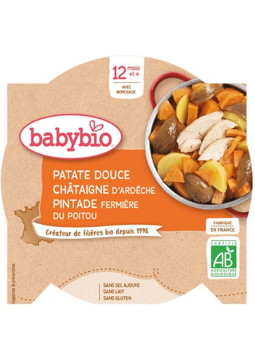 BABYBIO Sladké zemiaky s gaštanovým pyré a farmárskou perličkou 230 g – Obrázok 2