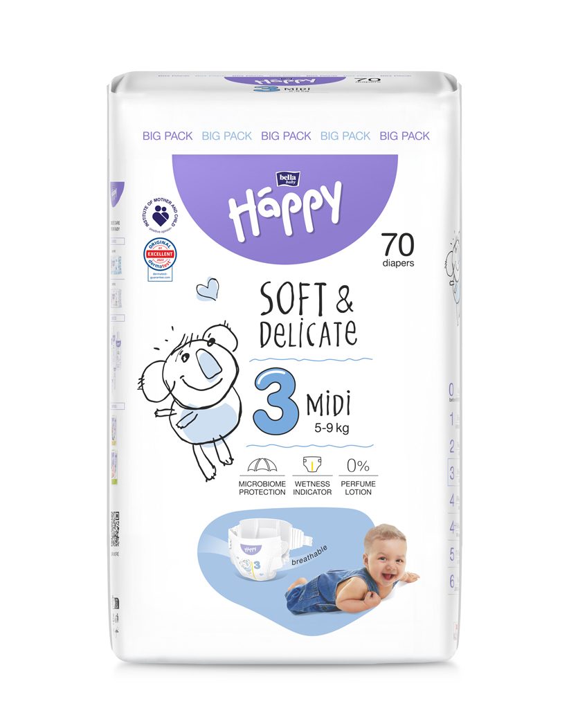 BELLA HAPPY Baby Plienky jednorazové Midi 5-9 kg Big Pack 70 ks – Obrázok 2
