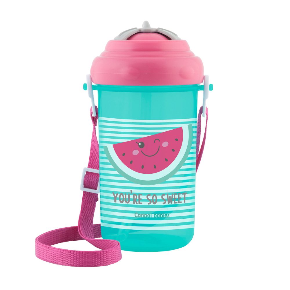 CANPOL BABIES Fľaša športová so slamkou a vrchnákom 400ml 12m+ So Cool! ružová