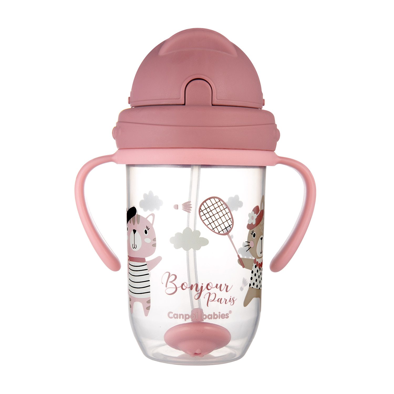 CANPOL BABIES Hrnček netečúci so slamkou so závažím 270 ml 6m+ Bonjour Paris červený – Obrázok 2