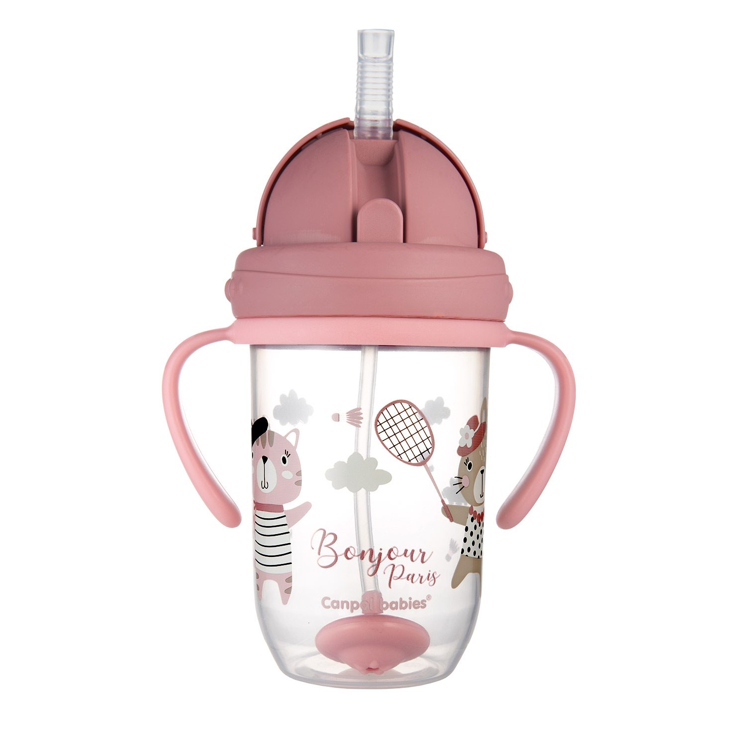 CANPOL BABIES Hrnček netečúci so slamkou so závažím 270 ml 6m+ Bonjour Paris červený – Obrázok 3